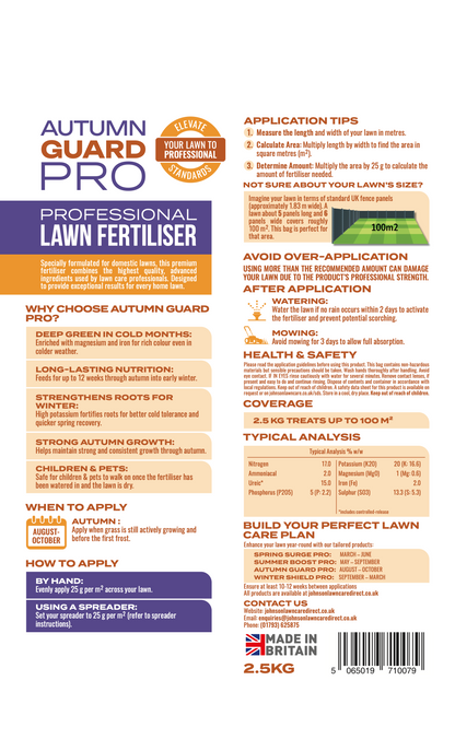 Back of bag instructions for Autumn Guard Pro Lawn Fertiliser